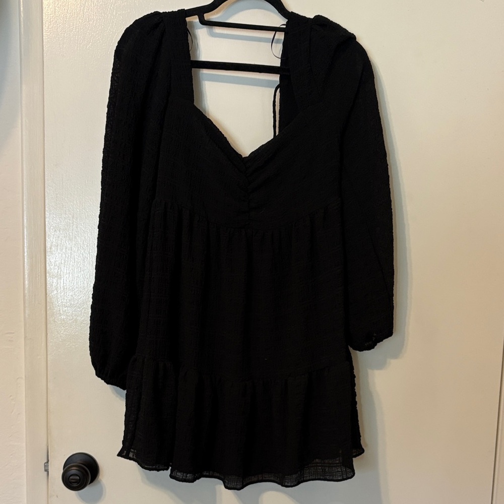 Bershka Black Long-Sleeve V-Neck Tiered Mini Dress